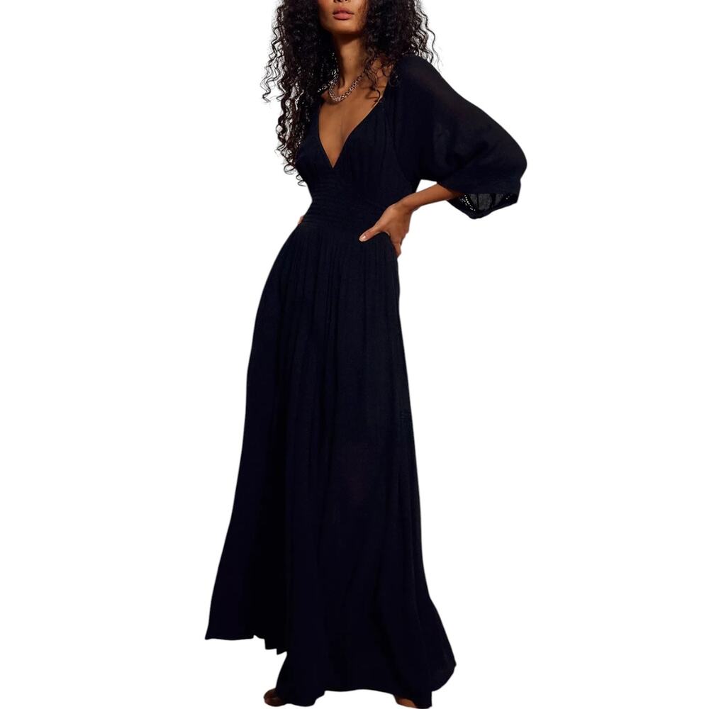 NWT Free People Dixie Maxi Dress XL Black Deep V Witchy Boho Whimsigoth Gothic